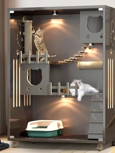 Large Enclosed Cat Condo, Wooden Large Cat Villa, Indoor/Outdoor Cats Enclosure with Wheels, Multi-Feature Cat Houses for Indoor