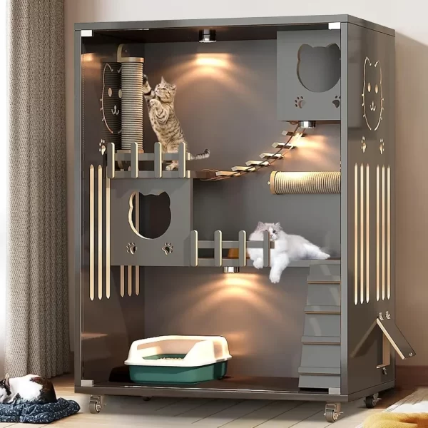Large Enclosed Cat Condo, Wooden Large Cat Villa, Indoor/Outdoor Cats Enclosure with Wheels, Multi-Feature Cat Houses for Indoor