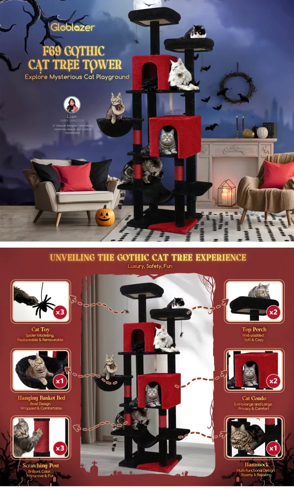 F69 Gothic Cat Tree, 69inch Tall Goth Cat Tree for Indoor Cats Large Adult, Red and Black Cat Tree Tower, Halloween Cat Tower - Image 7