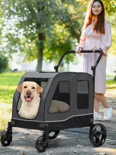 Foldable Dog Stroller 4-Wheel Pet Wagon Adjustable Handle Dual-Entry Reflective Strips Washable Pad