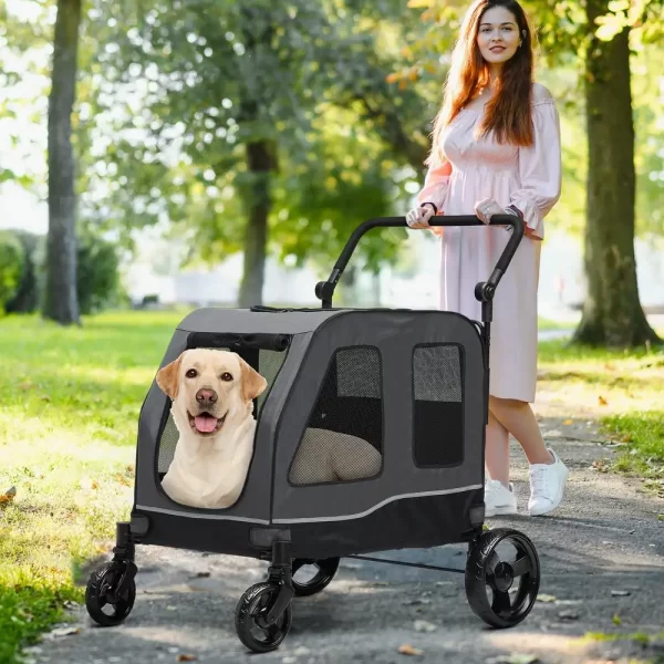 Foldable Dog Stroller 4-Wheel Pet Wagon Adjustable Handle Dual-Entry Reflective Strips Washable Pad