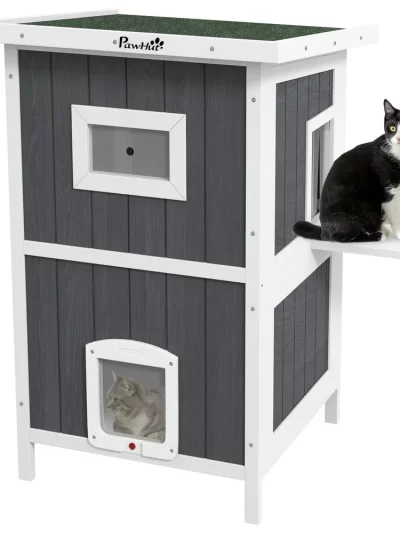 Cat House Wooden Feral Cat House w/ Removable Floor, Gray
