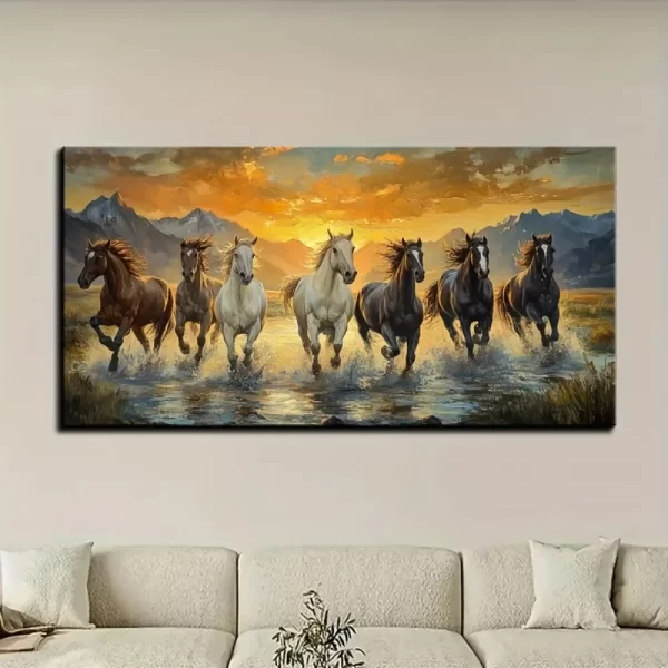 Elegant Feng Shui Seven horse canvas wall art with pine frame - Image 2