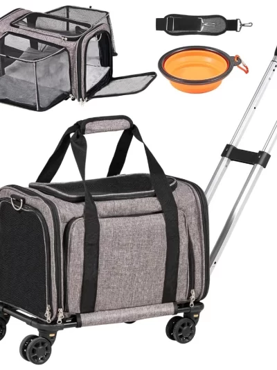 Airline Approved Pet Carrier with Wheels, Expandable Rolling Cat Dog Carrier for Medium Dogs and Cats Under 25LBS, Pet Travel