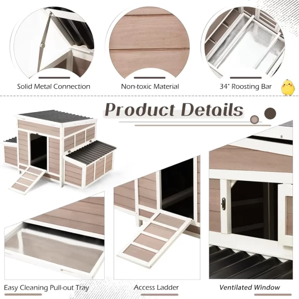 Chicken Coop, 56" Large Wooden Chicken Hutch with 6 Nesting Boxes, Outdoor Hen House Chicken Cage ,Brown, Special Feature: Durable - Image 4