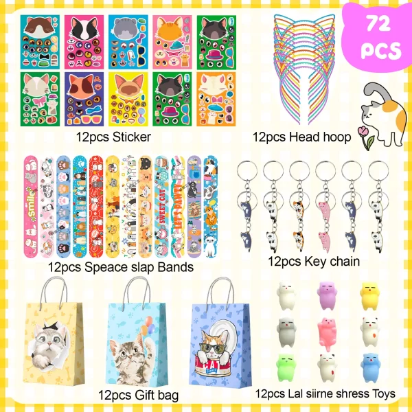 Cat Party Favors, 72pcs Kitty Party Favors Set Including Cat Goodie Bags Ears Headband Stickers Keychains Slap Bracelets etc - Image 6