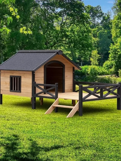 Outdoor Large Kennel Dog Crate - Wooden House with Window Cabin House Style Wooden Dogs Kennel with Porch Patio  Bed