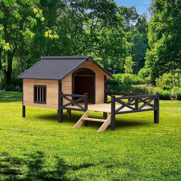 Outdoor Large Kennel Dog Crate - Wooden House with Window Cabin House Style Wooden Dogs Kennel with Porch Patio  Bed