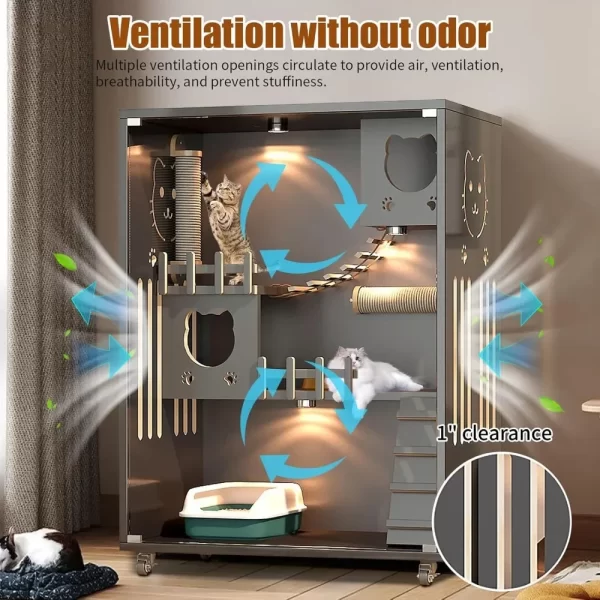 Large Enclosed Cat Condo, Wooden Large Cat Villa, Indoor/Outdoor Cats Enclosure with Wheels, Multi-Feature Cat Houses for Indoor - Image 3