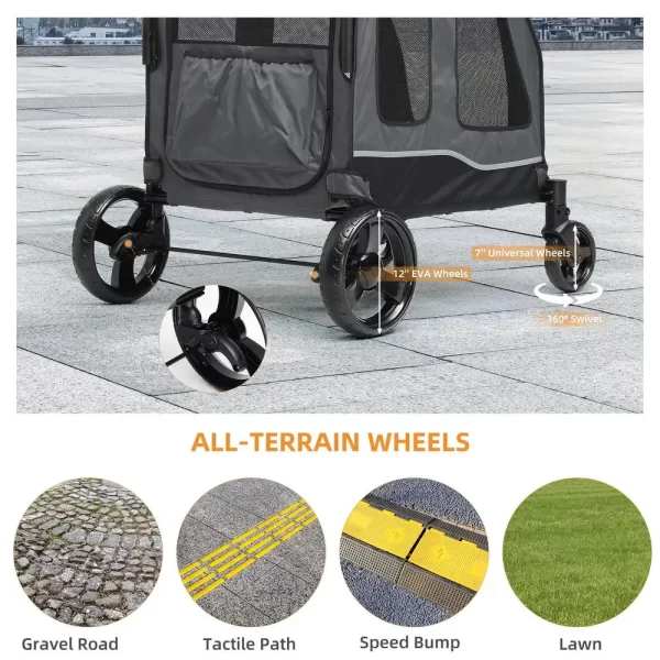 Foldable Dog Stroller 4-Wheel Pet Wagon Adjustable Handle Dual-Entry Reflective Strips Washable Pad - Image 5