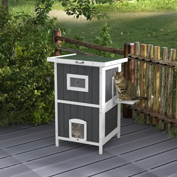 Cat House Wooden Feral Cat House w/ Removable Floor, Gray - Image 2