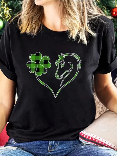 100% Cotton Shamrock Heart Horse Plaid Clover St Patricks Day For Girls T-Shirt