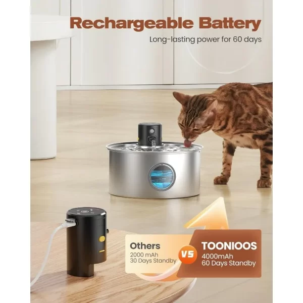 Cordless: Cat Fountain Battery Operated - Stainless Steel Pet Water Fountain Rechargeable - 108oz