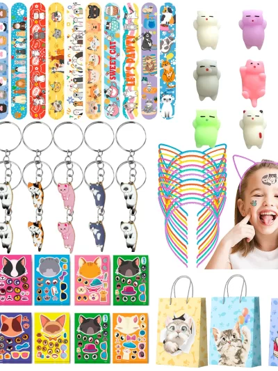 Cat Party Favors, 72pcs Kitty Party Favors Set Including Cat Goodie Bags Ears Headband Stickers Keychains Slap Bracelets etc