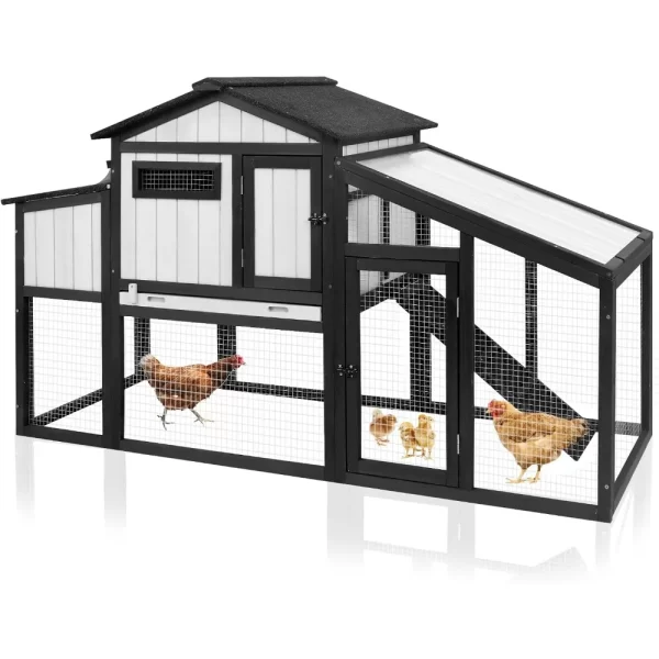 65.3" L Chicken Coop and Run, Wooden Hen House for 1-2 Chickens with Nesting Box, Tray, Perches Indoor/Outdoor Pet Hutch Backyard - Image 2