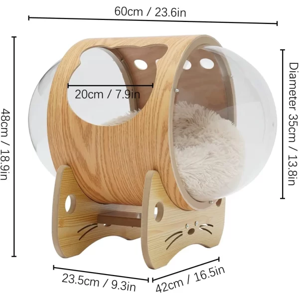 Luxury Cat Pod Bed, Wooden Frame with Clear Acrylic Dome & 3.9" Thick Cushion, Supports 18.7lb Pets (Ventilation Holes) - Image 2