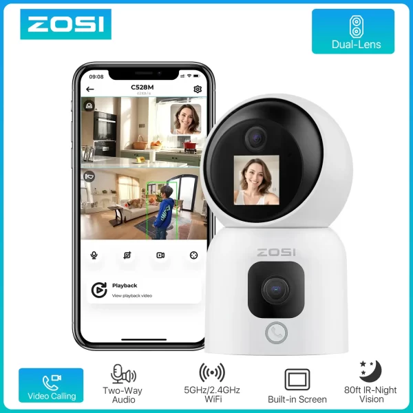 ZOSI C528 6MP/4MP HD Dual-Lens Indoor Wi-Fi Security Camera Plug-in 360° Views Pan/Tilt Home Surveillance Baby/Animal Monitor