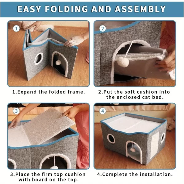 Extra-Wide Cat House for Indoor Cats - Large Cat Cave for Pet Cat House with Fluffy Ball Hanging and Scratch Pad, Foldable - Image 3