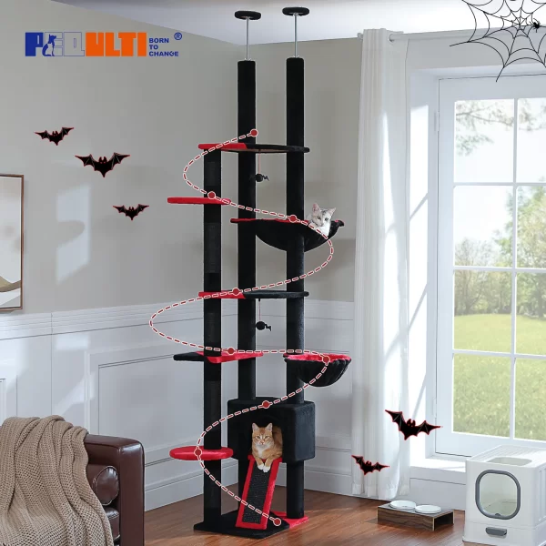 Adjustable Cat Tree, Floor to Ceiling Cat Condo, Hanging Ball, 5 Scratching Posts, Hammock, Ample Resting Place for Cats - Image 3
