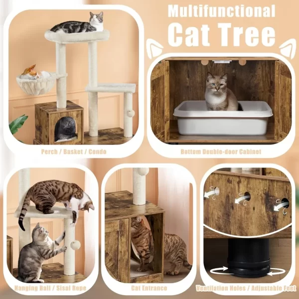 Cat Tree, All-in-one Indoor Kitten House w/Scratching Posts, Wooden Cat Litter Box Furniture - Image 2