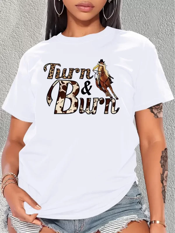 Women's Casual Short Sleeve T-Shirt with Cowboy & Horse Print, "Turn & Burn" Leopard Lettering, Fashion Round Neck Tee - Image 2