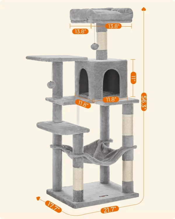 Feandrea Cat Tree, 56.3-Inch Cat Tower for Indoor Cats, Multi-Level Cat Condo with 4 Scratching Posts, 2 Perches, Hammock, Cave - Image 6