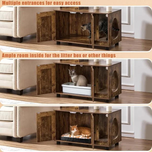 Cat Tree, All-in-one Indoor Kitten House w/Scratching Posts, Wooden Cat Litter Box Furniture - Image 3