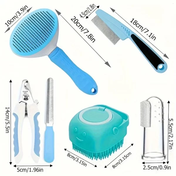 7 Pack Pet Grooming Set, Hair Removal Comb For Dog, Flea Comb, Dog Shampoo Brush, Pet Nail Clippers, Dog Toothbrush Set - Image 2