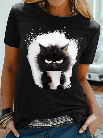 Women's T Shirt Tee Cat Daily Weekend Black Print Short Sleeve Fashion Funny Round Neck Regular Fit Summer