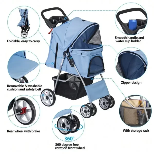 Blue 4 Wheel Pet Stroller for Cat Dog Foldable Carrier Jogger Travel with Basket - Image 5