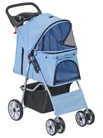 Blue 4 Wheel Pet Stroller for Cat Dog Foldable Carrier Jogger Travel with Basket