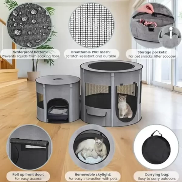 Portable Cat Playpen Tunnel 3-in-1 Foldable Puppy Pen Waterproof Bottom 2-Room Separable Pet Tent Enclosed Mesh Separable Doors - Image 2