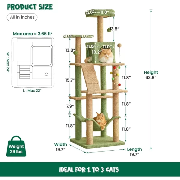Cat Tree 63.8 Inches High, Multi-Level Cat Tower with Sisal-Covered Scratching Posts, Padded Platform - Image 6