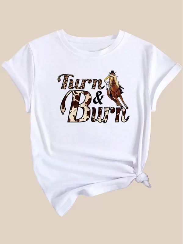Women's Casual Short Sleeve T-Shirt with Cowboy & Horse Print, "Turn & Burn" Leopard Lettering, Fashion Round Neck Tee - Image 3
