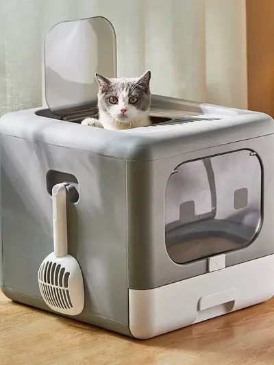 Cat Litter Box with Scoop and Tray Sifting Enclosed Foldable Kitten Toilet Detachable Poop Top Front Entry Pet Supplies