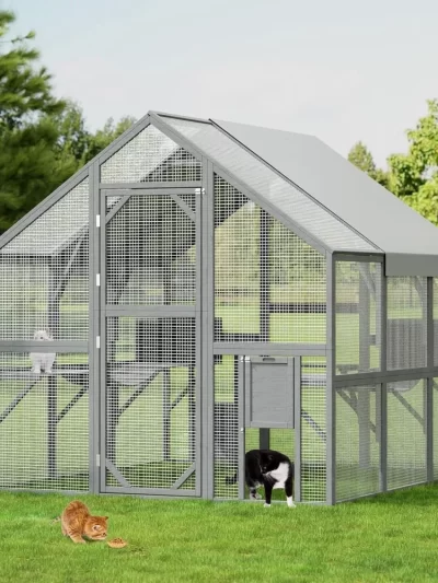Large Outdoor Cat House, 43ft Luxury Wooden Cat Run Enclosure Walk in Kitten Condo Catio with 2 Doors, 2 Playpen & Hiding House
