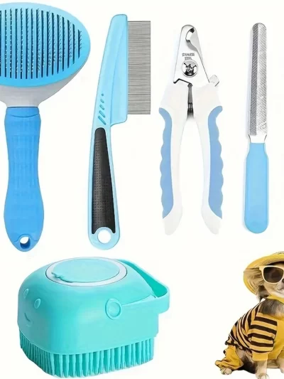 7 Pack Pet Grooming Set, Hair Removal Comb For Dog, Flea Comb, Dog Shampoo Brush, Pet Nail Clippers, Dog Toothbrush Set