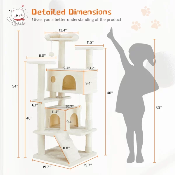 JHK 54in Tall Multi-Level Cat Tree Tower for Indoor Pet Furniture Stable Kitty Play House with Sisal Scratching Post - Image 2