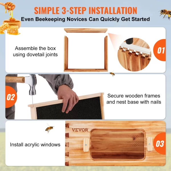VEVOR Bee Hive Deep Box Starter Kit 100% Beeswax Coated Natural Cedar Wood Langstroth Beehive Kit Transparent Acrylic - Image 6