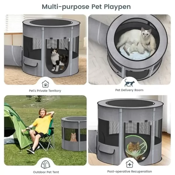 Portable Cat Playpen Tunnel 3-in-1 Foldable Puppy Pen Waterproof Bottom 2-Room Separable Pet Tent Enclosed Mesh Separable Doors - Image 5