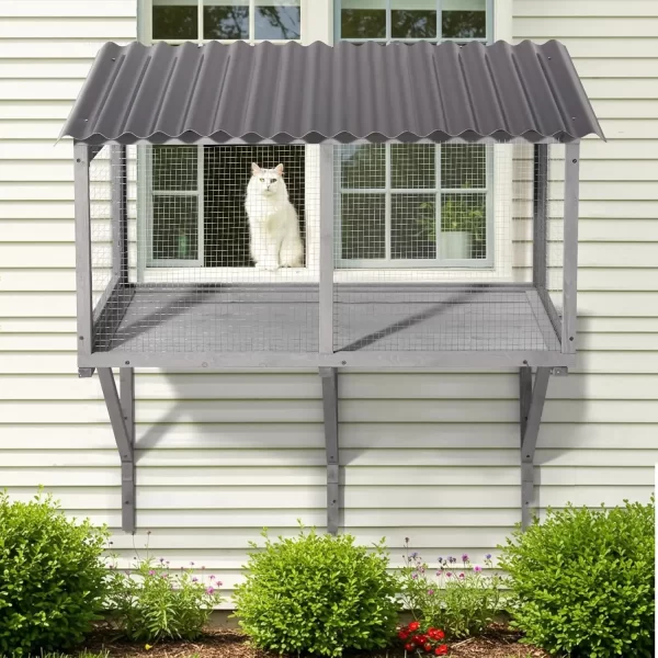 Cat Catio, Wall-Mounted Window Enclosure for Indoor Cats, Expandable Wooden Small Pet Perch House - Image 7