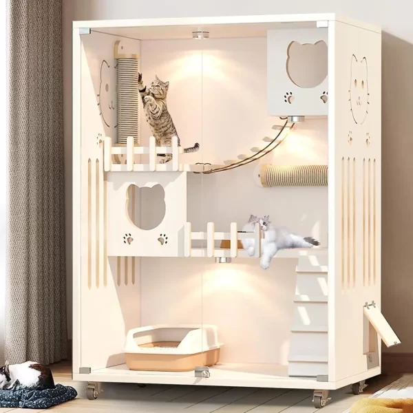 Large Enclosed Cat Condo, Wooden Large Cat Villa, Indoor/Outdoor Cats Enclosure with Wheels, Multi-Feature Cat Houses for Indoor - Image 8
