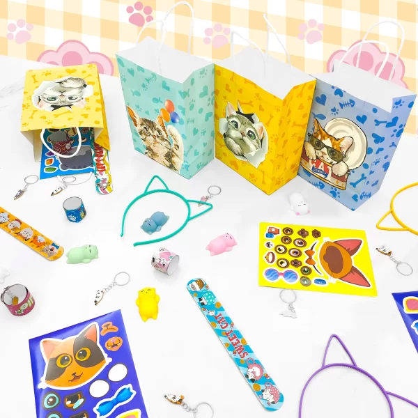 Cat Party Favors, 72pcs Kitty Party Favors Set Including Cat Goodie Bags Ears Headband Stickers Keychains Slap Bracelets etc - Image 3