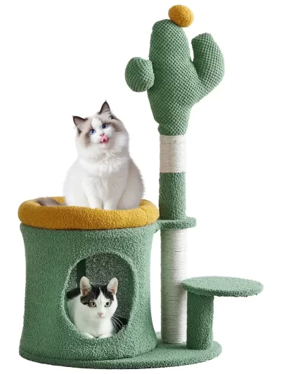 32" Cat Tree, Cat Tower with Cactus Cat Scratching Post, Cozy Cat House