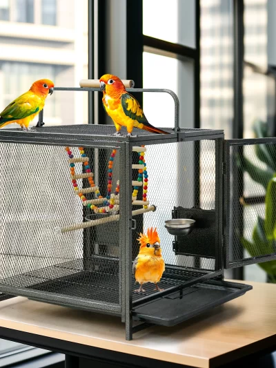 Tall Metal Bird Cage Playpen with Hammock Toy and Perch, Removable Tray, Bowl for Parrot Parakeet Travel Carrier Cage