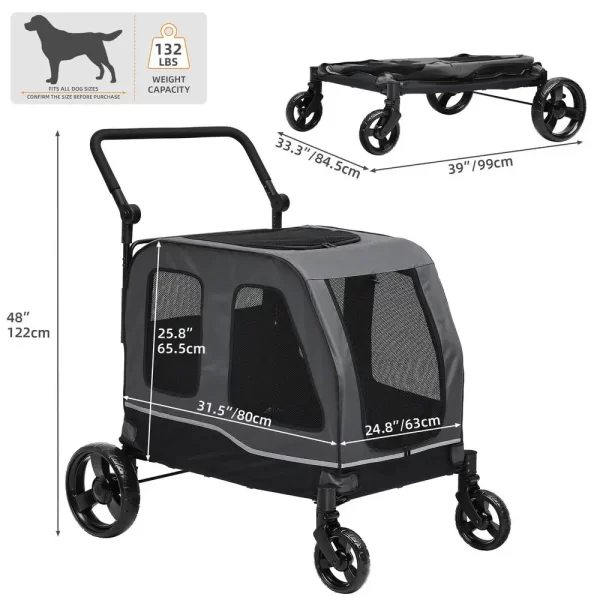 Foldable Dog Stroller 4-Wheel Pet Wagon Adjustable Handle Dual-Entry Reflective Strips Washable Pad - Image 3