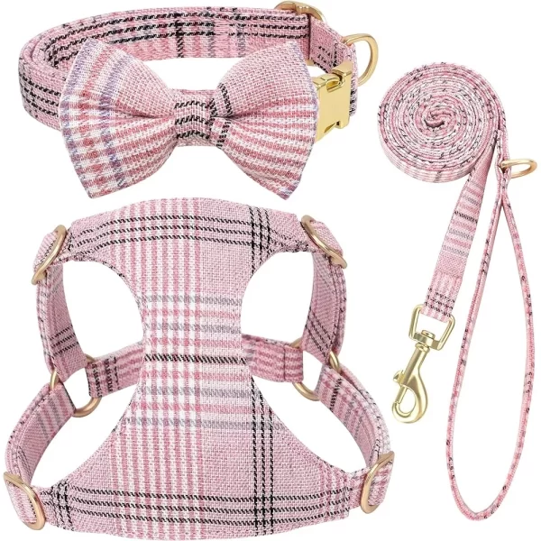 Small Dog Harness Collar Leash Set Adjustable Soft Plaid Design