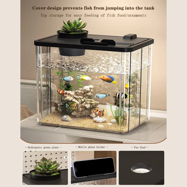 Fish Tank Aquarium Starter Kit Mini Desktop Rectangular Fish Tank With Pump LED Light Simulated Water Plants - Image 2