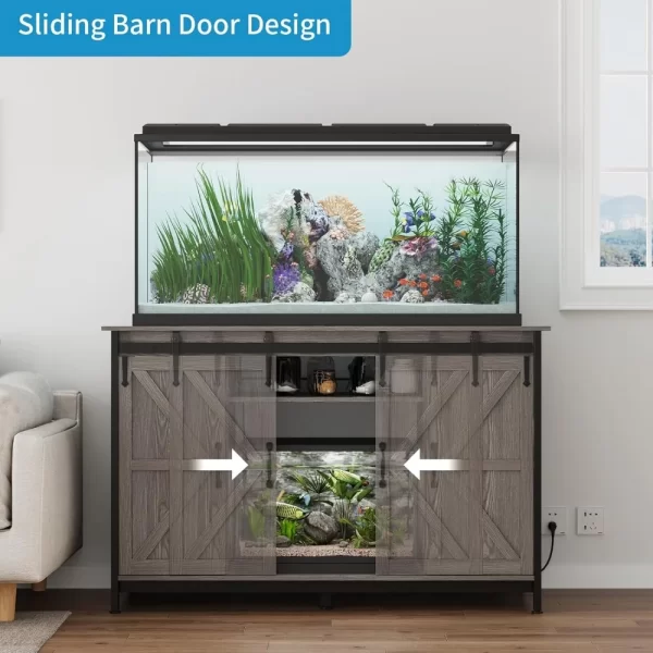Farmhouse 55-75 Gallon Fish Tank Stand with Power Outlet, Aquarium Stand with Storage Cabinet and Sliding Barn Door - Image 5
