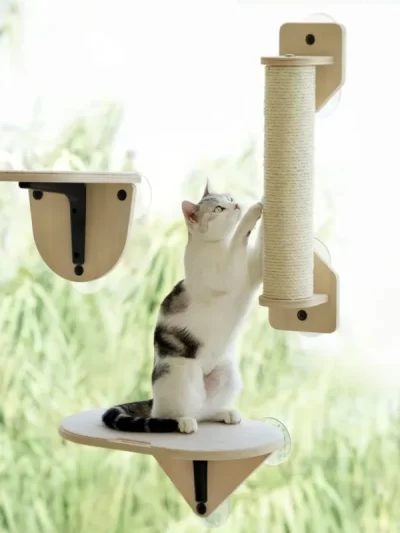 Mewoofun Cat Window Perch Hammock with Climbing Steps and Scratching Post Wooden Window Mounted Cat Bed for Indoor Cats